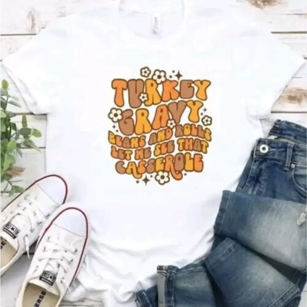 Bella & Canvss Shirt Girl Small 6-8 Beige Turkey Gravy Beans Rolls Casserole Tee